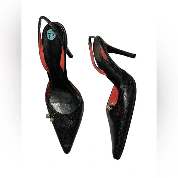 Judith Leiber Black Leather Crystal Ball Embellishments Sling Back Heels - Picture 1 of 10